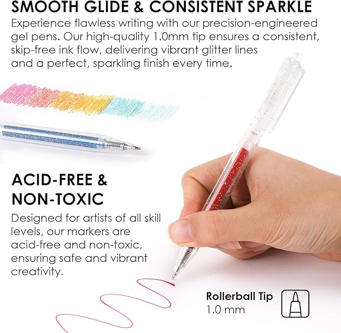Grabie Glitter Gel Pens, 18 Colors Glitter Gel Pens Set, Retractable Sparkle Gel Ink Pens for Coloring Books, Journaling, Drawing, Scrapbooking & DIY Crafts, Smooth Writing Art Pens for Creative Work