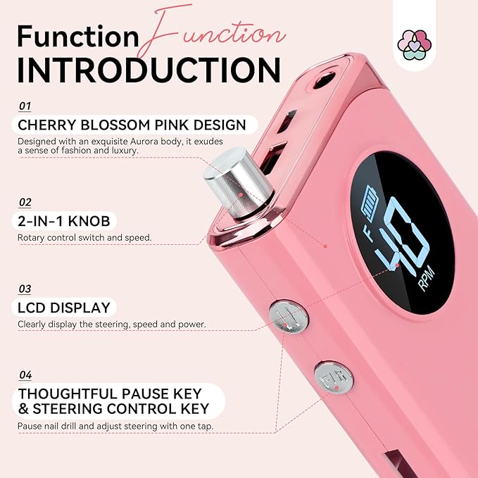 SAVILAND Professional Nail Drill : 40000RPM Rechargeable Pink Nail Drill Kit Electric Filer with 6000mAh Battery for Shaping, Removing & Polishing Acrylic Nails Home Salon Manicure Pedicure Ideal Gift