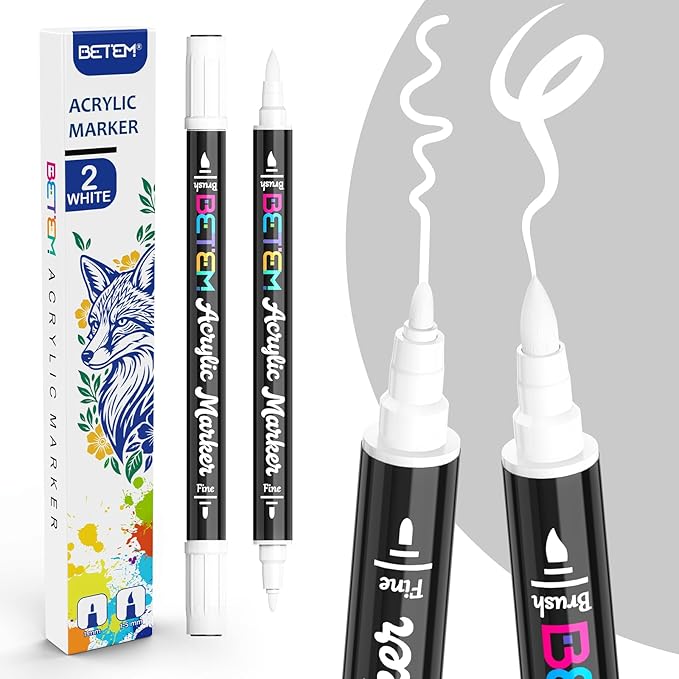 Betem Dual Tip Acrylic Paint Pens, 2 White Paint Markers for Glass, Window, Fabric, Wood, Rock, Canvas, Acrylic Markers with Fine & Brush Tip, Art & Craft Supplies, Teacher Appreciation Gift