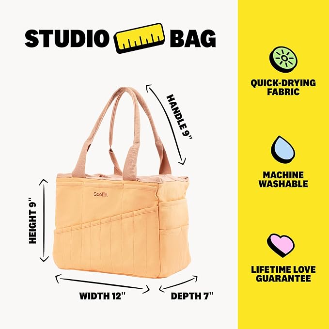 Soolla Studio Bag: Art Supply Storage Organizer & Pottery Tool Bag, Washable Craft Tote, Knitting Yarn, Crochet Projects, 30 Pockets, 15+ Canvas Colors, Artist Gift for Adults (Creamsicle Crush)