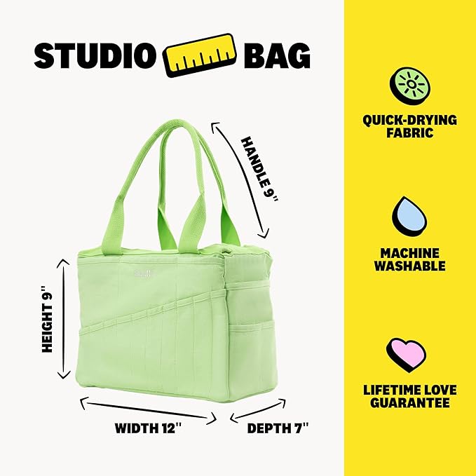 Soolla Studio Bag: Pottery Tool Bag & Craft Storage, Art Supply Organizer, Washable Tote, Knitting Yarn, Crochet Projects, 30 Pockets, 20+ Canvas Colors, Gift For Artists & Teachers (Lime Drip)