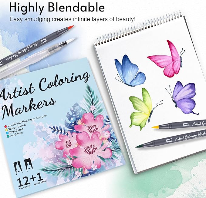 TOSHARE 12 Colors Blendable Watercolor Markers for Adults 2026 Professional Double Tip Paint Pens with 1 Water Brush Pen Water Based Coloring Pens Drawing Markers Set with Flexible Brush Tip