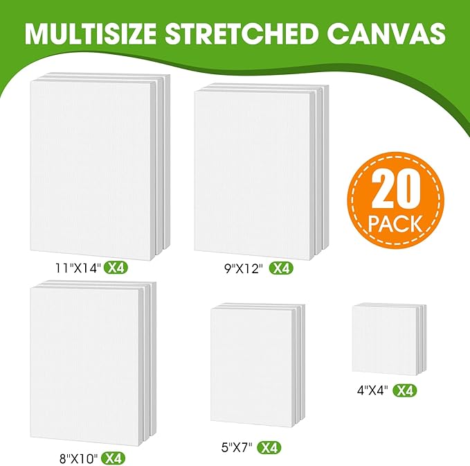 Stretched Canvas for Painting, Multi Size 11x14, 9x12, 8x10, 5x7, 4x4(4 of Each), 20 Packs Primed Blank Canvases, Very Good for Beginners or Professionals.