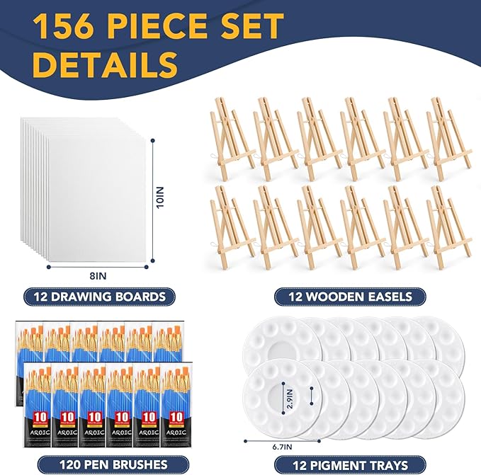 AROIC 156 PCS Professional Painting Set with Easels, 12 Wood Easels,120 Brushes with Nylon Brush Head,12 Drawing Boardart and 12 Palette, Painting Supplies kit for Adults to Painting Party.