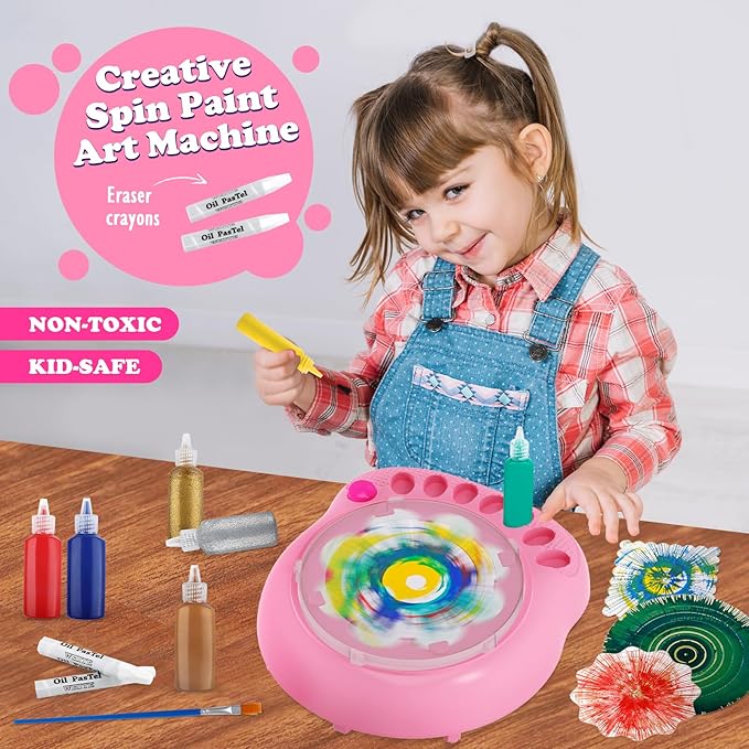 Spin Art Machine for Kids - Paint Spinner Art Craft Kit with 36 Artboards & 7 Colors - Arts and Crafts Painting Set for Boys Girls Ages 4-12, Birthday Easter Gifts for 6 7 8 9 10 Year Old（Pink）