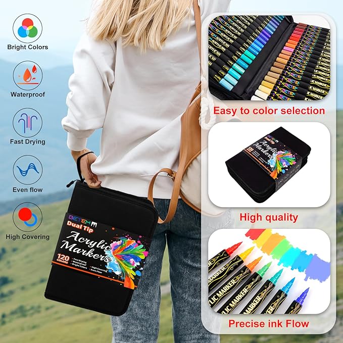 Betem Dual Tip Acrylic Paint Pens, 120 Colors Paint Markers for Glass, Window, Fabric, Wood, Rock, Canvas, Acrylic Markers with Fine & Brush Tip, Art & Craft Supplies, Teacher Appreciation Gift