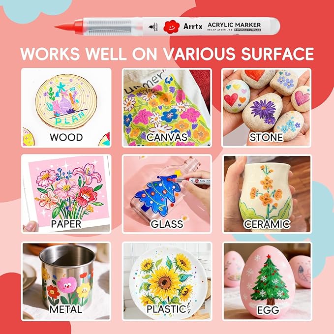 Arrtx 60 Colors Direct Liquid Ink Acrylic Marker, Brush Tip Coloring Drawing Cartoon Anime Comic, Art Supplies for Stone, Glass, Egg, Wood, DIY Crafts