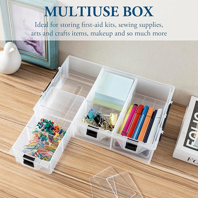 MyGift Single Add-on Tray for 11 Inch Clear Arts and Crafts Stackable Storage Box, Sewing Supplies Storage Organizer Case Accessory Optional Tray with Black Accents, 3 Drawers and Removable Dividers