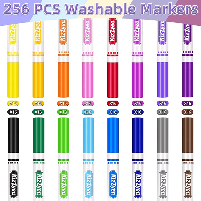 KIZZYEA Washable Markers Bulk, Markers for Kids, 16 Assorted Colors, 256 Count, Broad Line Coloring Marker for School, Student Art Supplies & Back to School Craft, Classroom Essentials for Teachers