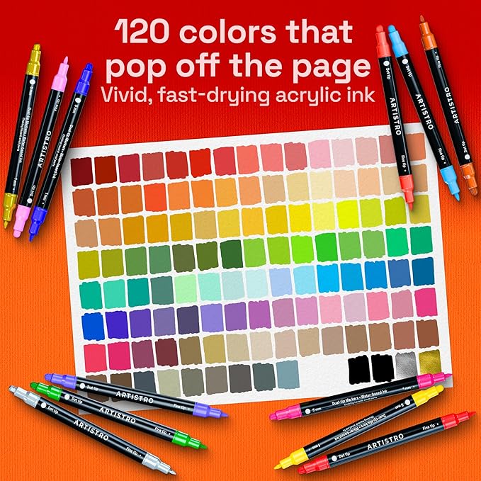 ARTISTRO 120 Precision Dual-Tip Acrylic Paint Markers – Paint Pens Set with Dot & Fine Tips for Fabric, Rock, Glass, Wood, Coloring Books – Classroom & Art Supplies Gift – Teacher Appreciation Gift