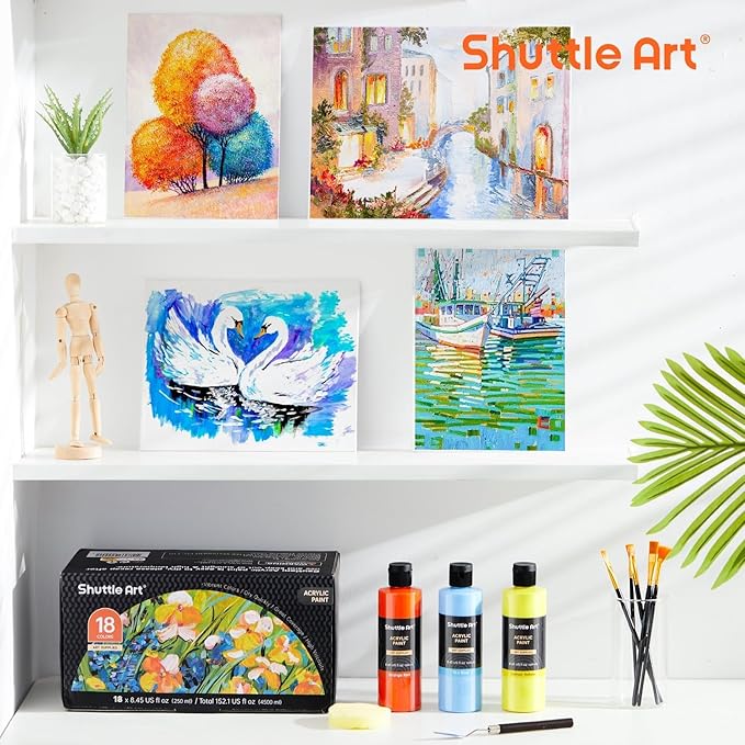 Shuttle Art 18 Colors Acrylic Paint Bottle Set (250ml/8.45oz), Rich Pigmented Bulk Painting Supplies for Artists, Beginners and Kids on Rocks Crafts Canvas Wood Ceramic