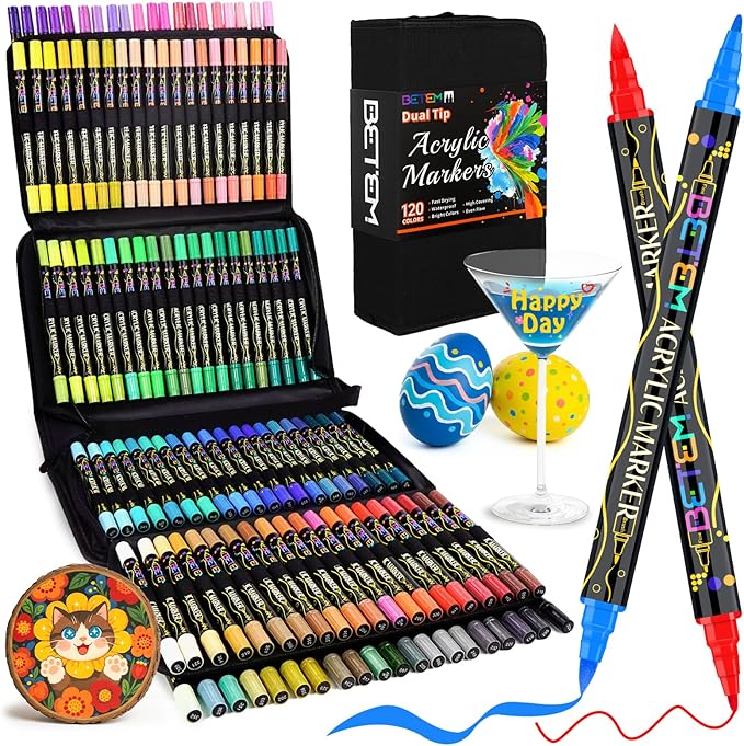 Betem Dual Tip Acrylic Paint Pens, 120 Colors Paint Markers for Glass, Window, Fabric, Wood, Rock, Canvas, Acrylic Markers with Fine & Brush Tip, Art & Craft Supplies, Teacher Appreciation Gift