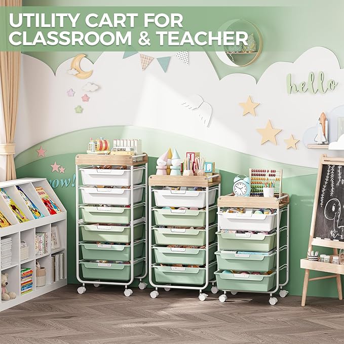 SYKIARIOL Rolling Storage Utility Cart with 4 Drawers,Kids Craft Art Cart,Makeup Organizer and Storage with Wooden Tabletop,Green