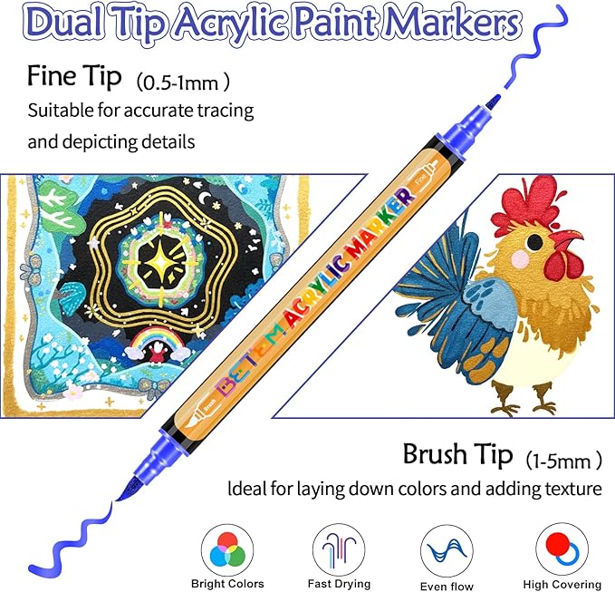 Betem Dual Tip Acrylic Paint Pens, 30 Metallic Paint Markers for Glass, Window, Fabric, Wood, Rock, Canvas, Acrylic Markers with Fine & Brush Tip, Art & Craft Supplies, Teacher Appreciation Gift