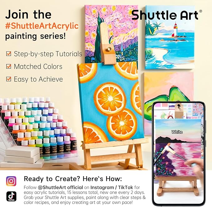 Shuttle Art Acrylic Paint, 50 Colors Acrylic Paint Set, 2oz/60ml Bottles, Rich Pigments, Water Proof, Premium for Artists, Beginners and Kids on Canvas Rocks Wood Ceramic Fabric
