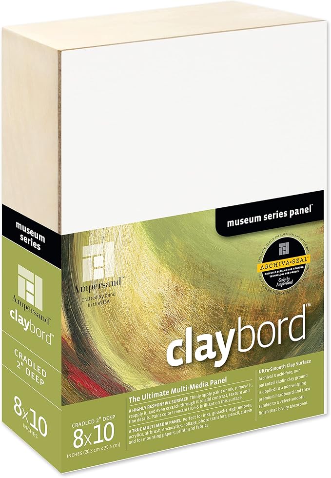 Ampersand Art Supply Claybord | 8" x 10" | 2" Cradled Profile | Kaolin Clay Painting Panel for Acrylic, Ink, Watercolor & Mixed Media | Canvas & Paper Alternative