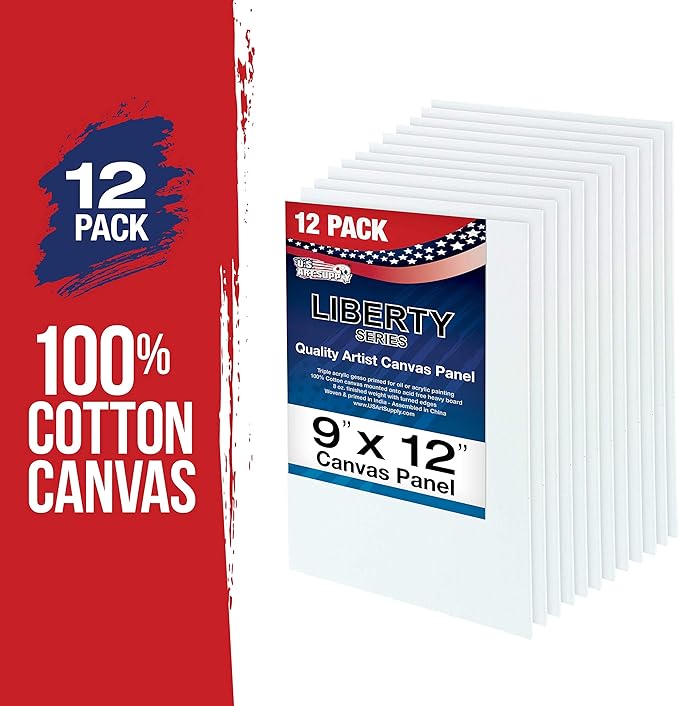 U.S. Art Supply 9 X 12 Inch Art Canvas Board Panels 12 Pack - 8 Ounce Heavyweight Cotton Acid Free Canvases for Painting Acrylics and Watercolor (1 Case of 12 Single Canvas Painting Panels)