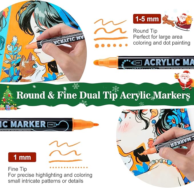 12 Colors Dual Tip Acrylic Paint Markers, Premium Dot & Fine Tip Coloring Paint Pens for Rock, Wood, Fabric, Canvas, Glass, Paper, Ceramic, Scrapbook, Vision Board and DIY Crafts Supplies Art Gifts