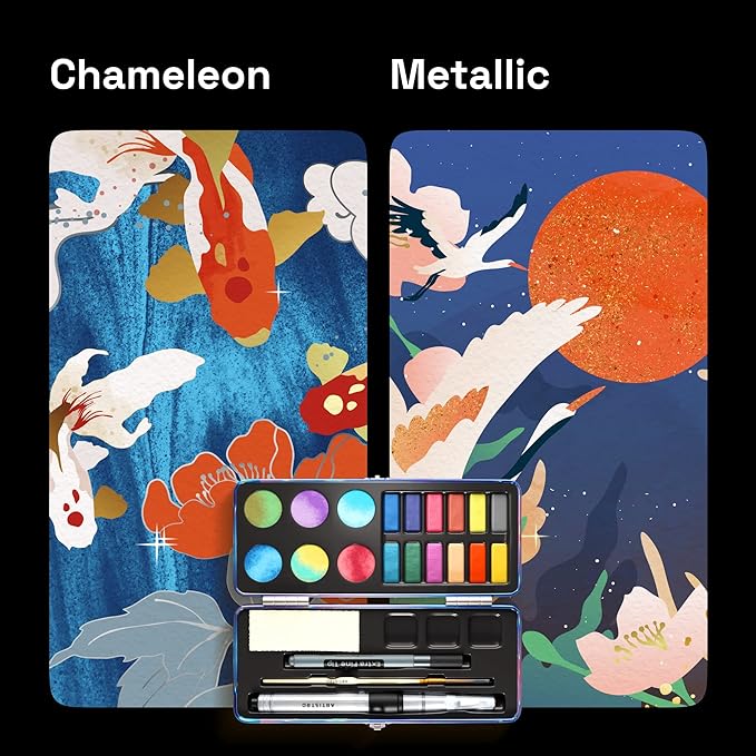 ARTISTRO 18 Metallic Color Watercolor Paint Set - Portable Paint Art Kit with Palette and Brush Pens - Travel Water Color Set for Adults, Professionals, Kids - Art and Painting Supplies - Gift Idea