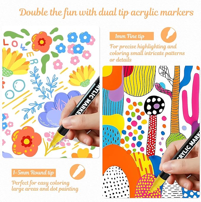48 Colors Dual Tip Acrylic Paint Markers, Premium Dot & Fine Tip Coloring Paint Pens for Rock, Wood, Fabric, Canvas, Glass, Paper, Ceramic, Scrapbook, Vision Board and DIY Crafts Supplies Art Gifts