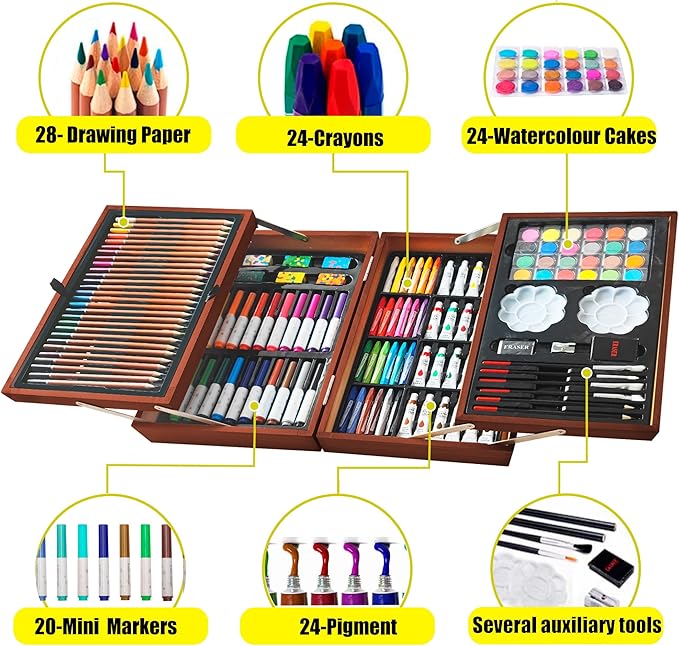 KINSPORY Art Sets, 139 Pack Painting Drawing Art Supplies Kit with 2 Sketch Pads, Deluxe Double Layers Crafts, Colored Pencils, Oil Pastels, Watercolor Paints, Gift for Artists Kids (Brown)