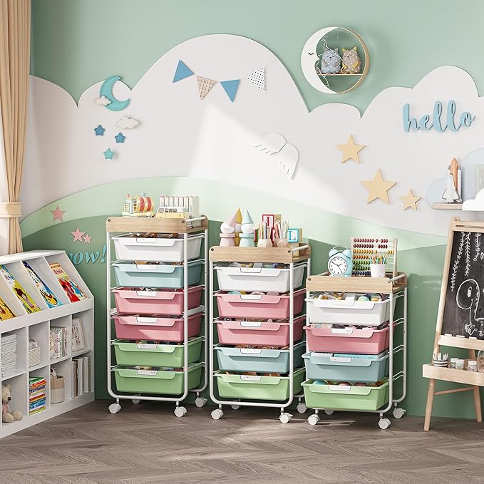 SYKIARIOL Rolling Storage Utility Cart with 5 Drawers,Craft Cart with Wheels,Makeup Organizer,Art Supply and Storage Wooden Tabletop,Colorful