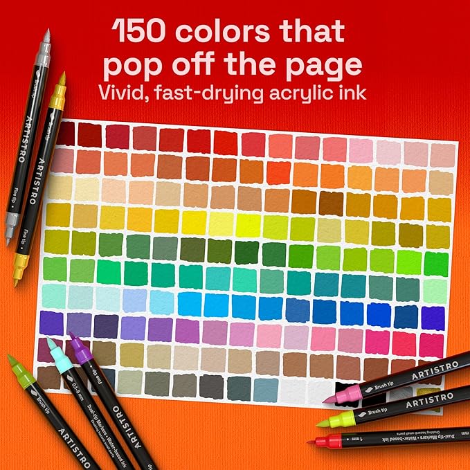 ARTISTRO 150 Dual Tip Acrylic Paint Markers, Paint Pens, Drawing Markers for Textile, Rock, Glass, Wood, Paper, Ceramic, Canvas, DIY - Art Supplies Kit for Kids and Adults (Brush + Fine)