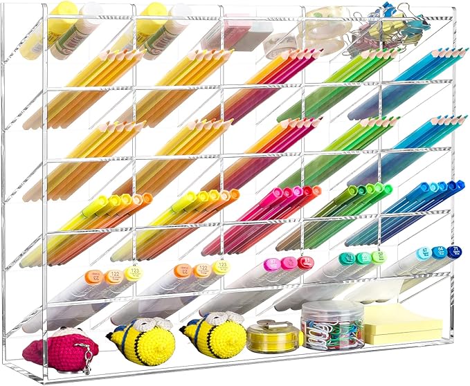 BEYGORM Acrylic Vertical Marker Organizer for 310 Markers with 26 Compartments, Clear Angled Pen & Pencil Holder, Large Desk Stationery & Art Supply Storage for Office & School (14.9 x 12.4 x 4 Inch)