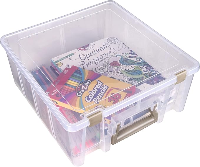 ArtBin 6990ZZ Super Satchel Double Deep 3-Pack, Portable Art & Craft Organizers with Handles, [3] Plastic Storage Cases, Clear & Gold