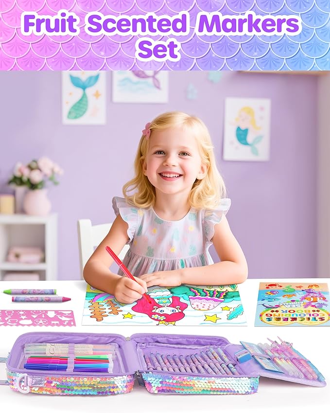 D-FantiX Mermaid Art Supplies Scented Washable Markers for Kids Ages 4-8, 63Pcs Arts and Crafts Kits with Convertible Bag, Travel Activity Drawing Stuff Coloring Set, Gift for 4-6-8-12 Year Old Girls