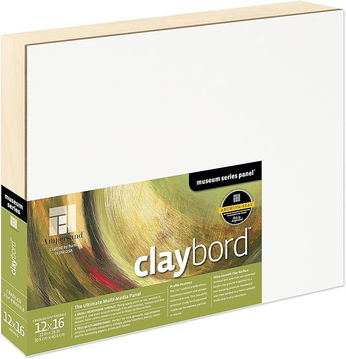 Ampersand Art Supply Claybord | 12" x 16" | 1-1/2" Cradled Profile | Kaolin Clay Painting Panel for Acrylic, Ink, Watercolor & Mixed Media | Canvas & Paper Alternative