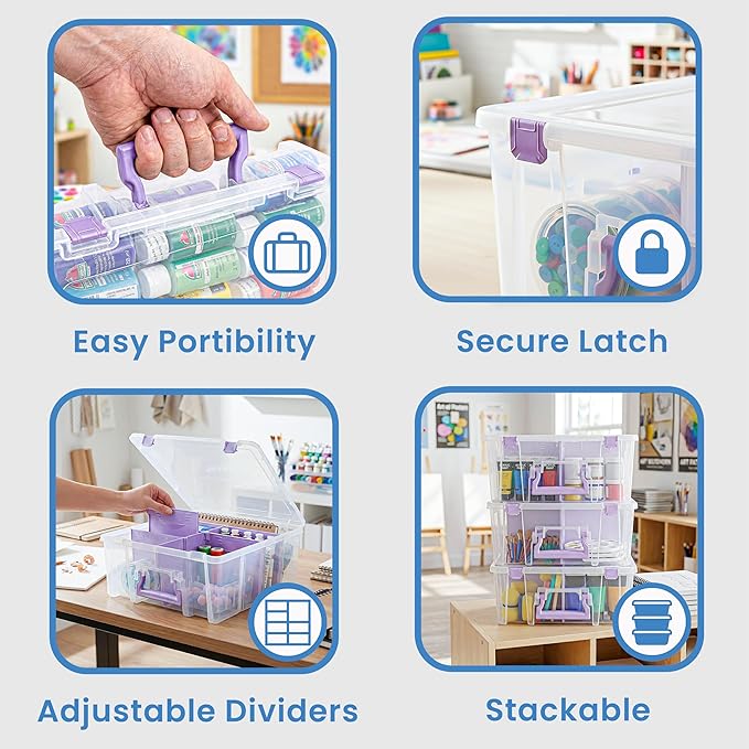 ArtBin Super Satchel Double Deep Compartment Box with Purple Accents in a 3 Pack - Art Storage with 8 Removable Compartments, Smart Closure for Craft Supplies (Purple - Pack of 3)