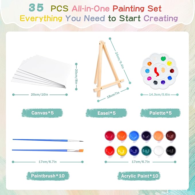 5 Pack 8x10 Inch Canvas and Easel Set, Sip and Paint Kit for Adults,Art Canvas Bulk with Easels Stands, Trays,Small Paint Brushes,12 Colors Mini Acrylic Paint Set for Couples,Kids and Party Supplies
