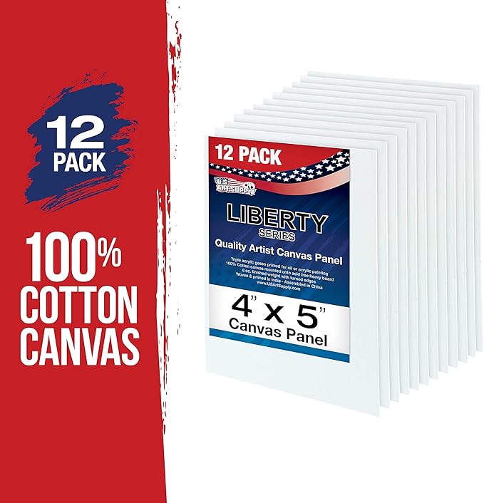 U.S. Art Supply 4 X 5 Inch Art Canvas Board Panels 12 Pack - 8 Ounce Heavyweight Cotton Acid Free Canvases for Painting Acrylics and Watercolor (1 Case of 12 Single Canvas Painting Panels)