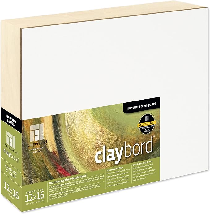 Ampersand Art Supply Claybord | 12" x 16" | 2" Cradled Profile | Kaolin Clay Painting Panel for Acrylic, Ink, Watercolor & Mixed Media | Canvas & Paper Alternative