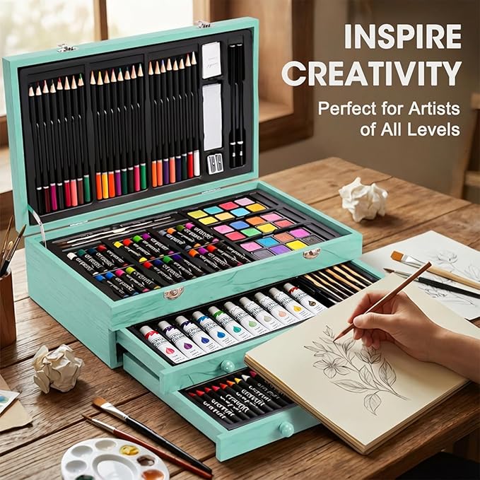 175-Pack Deluxe Wooden Art Set Drawing Painting Kit with 2 Drawing Pads, Acrylic Paints, Colored Pencils, Crayons, Paint Brush, Art Kit in Wooden Case, Gift for Artist, Adults, Teens and Kids