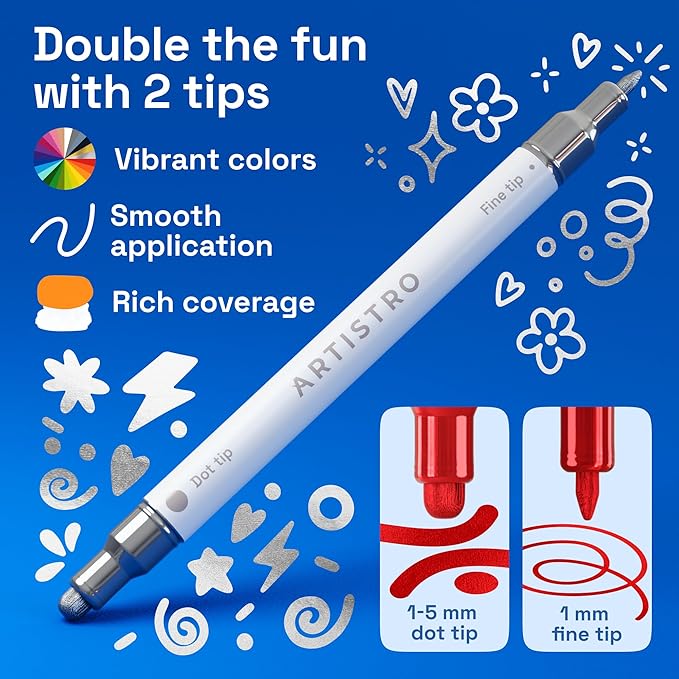 ARTISTRO 36 Metallic Precision Dual-Tip Acrylic Paint Markers – Paint Pens Set with Dot & Fine Tips for Fabric, Rock, Glass, Wood, Coloring Books – Classroom & Art Supplies Teacher Appreciation Gift