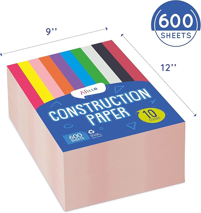 Alitte Construction Paper Assorted Colors - (600 Sheets, 9x12), Craft Paper, 10 Bright Colors - Bulk Pack Arts & Crafts Projects - Colored Paper for Preschool, Home, and Classroom Supplies