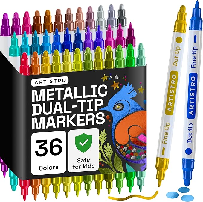 ARTISTRO 36 Metallic Precision Dual-Tip Acrylic Paint Markers – Paint Pens Set with Dot & Fine Tips for Fabric, Rock, Glass, Wood, Coloring Books – Classroom & Art Supplies Teacher Appreciation Gift