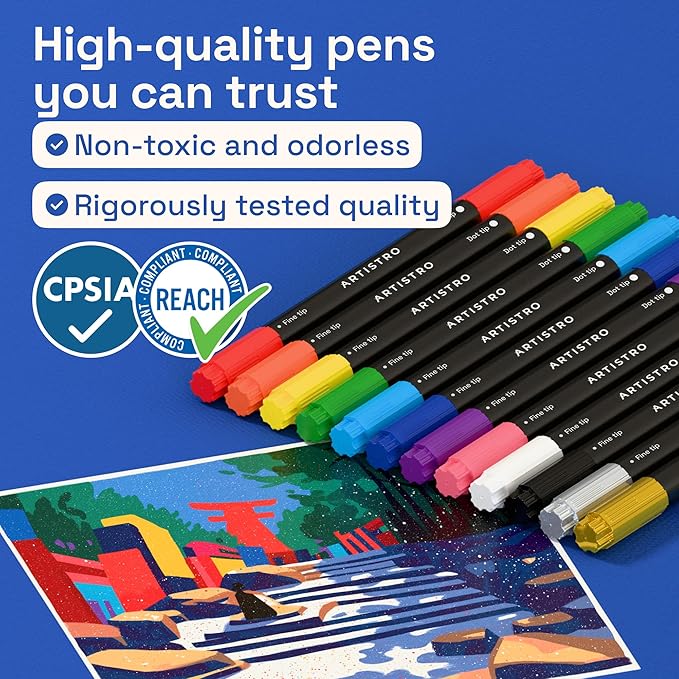 ARTISTRO 12 Precision Dual-Tip Acrylic Paint Markers – Paint Pens Set with Dot & Fine Tips for Fabric, Rock, Glass, Wood, Coloring Books – Classroom & Art Supplies Gift – Teacher Appreciation Gift