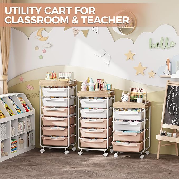 Rolling Storage Utility Cart With 4 Drawers,Kids Craft Art Cart,Makeup Organizer And Storage with Wooden Tabletop,Pearl