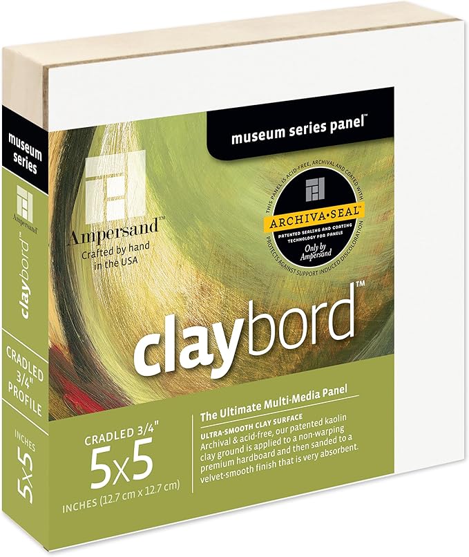 Ampersand Art Supply Claybord | 5" x 5" | 3/4" Cradled Profile | Kaolin Clay Painting Panel for Acrylic, Ink, Watercolor & Mixed Media | Canvas & Paper Alternative