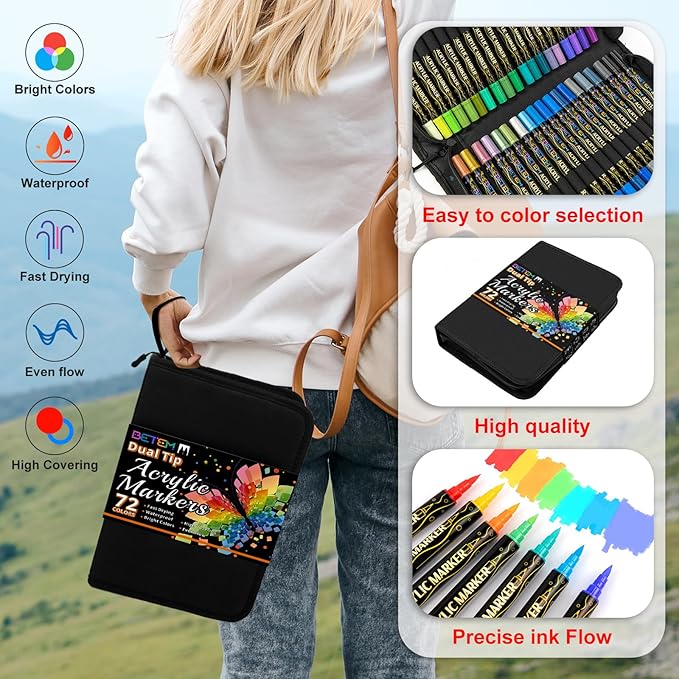 Betem Dual Tip Acrylic Paint Pens, 72 Colors Paint Markers for Glass, Window, Fabric, Wood, Rock, Canvas, Acrylic Markers with Fine & Brush Tip, Art & Craft Supplies, Teacher Appreciation Gift