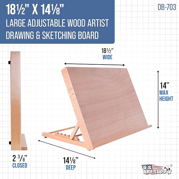 U.S. Art Supply Large 18-1/2" x 14-1/8" (A3) Wooden Drawing Board, Adjustable Table Top Easel for Painting and Drawing - Drafting Board with 6 Angles, Pencil Ledge