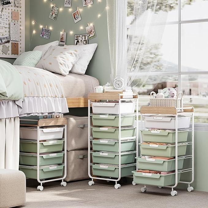 SYKIARIOL Rolling Cart with 6 Drawers,Utility Storage Cart with Drawers,Art Craft Organizers and Storage,Makeup Organizer with Wooden Tabletop,Green