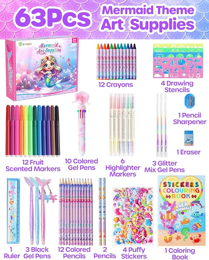 D-FantiX Mermaid Art Supplies Scented Washable Markers for Kids Ages 4-8, 63Pcs Arts and Crafts Kits with Convertible Bag, Travel Activity Drawing Stuff Coloring Set, Gift for 4-6-8-12 Year Old Girls