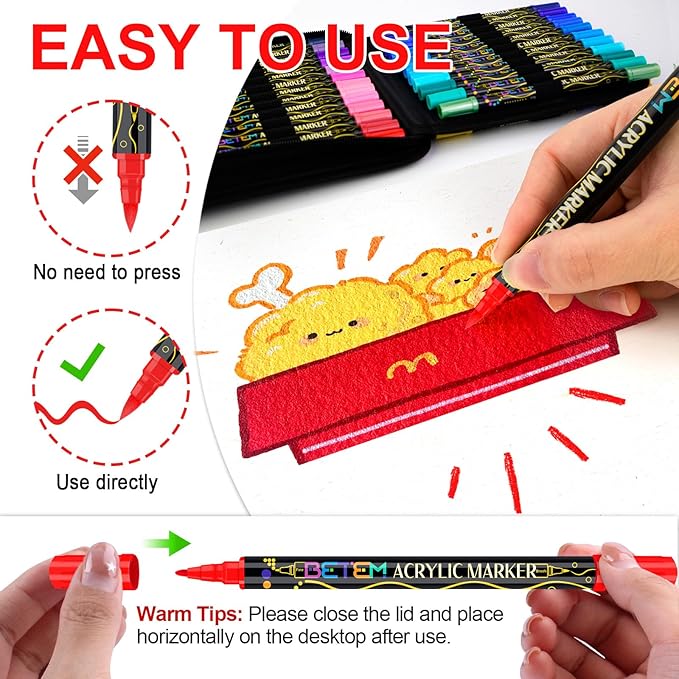 Betem Dual Tip Acrylic Paint Pens, 48 Colors Paint Markers for Glass, Window, Fabric, Wood, Rock, Canvas, Acrylic Markers with Fine & Brush Tip, Art & Craft Supplies, Teacher Appreciation Gift