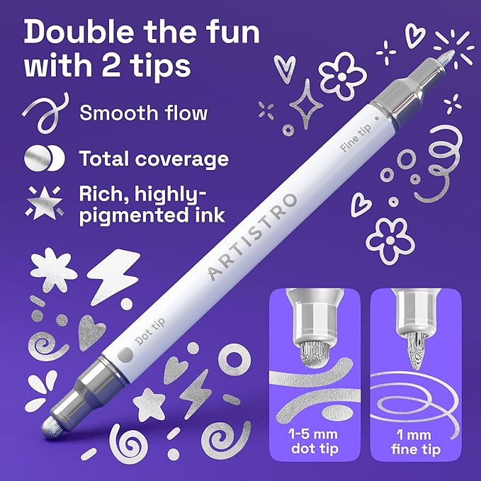 ARTISTRO 5 Silver Precision Dual-Tip Acrylic Paint Markers – Paint Pens Set with Dot & Fine Tips for Fabric, Rock, Glass, Wood, Coloring Books – Classroom & Art Supplies Gift Teacher Appreciation Gift