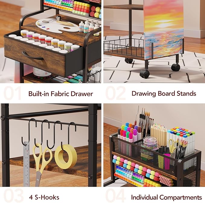 Homsorout Art cart, 3 Tier Rolling Cart - Utility Cart with Storage Drawer and Wheels, Versatile Art & Craft Organizer for Home, Office, or Studio Ideal for Storing Brushes, Paints （Brown）