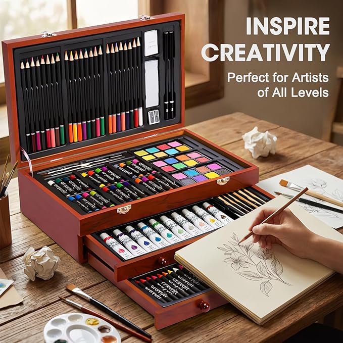 TMOL Art Supplies, 175-Pack Deluxe Art Set Drawing Painting Kit with 2 Drawing Pads, Acrylic Paints, Colored Pencils, Crayons, Art Kit in Wooden Case, Gift for Artist, Adults, Teens and Kids